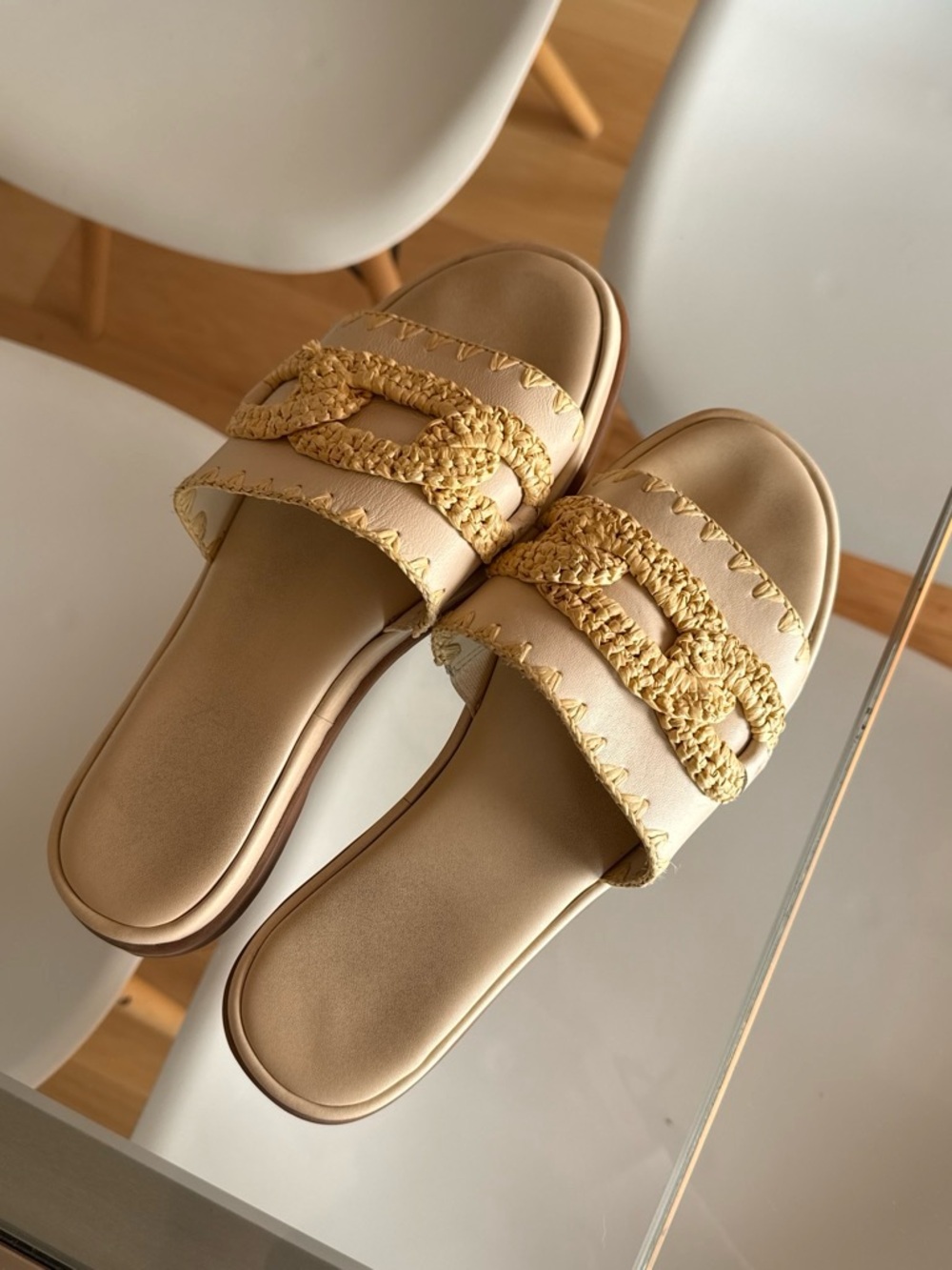 Crown Vintage Beige Slide Sandals with Woven Chain Detail